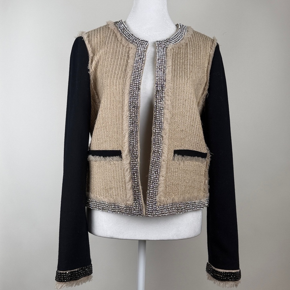Tory Burch Sairy Bling Wool Tweed Jacket Black Tan Rhinestones Crystals Size 8 - Picture 5 of 12